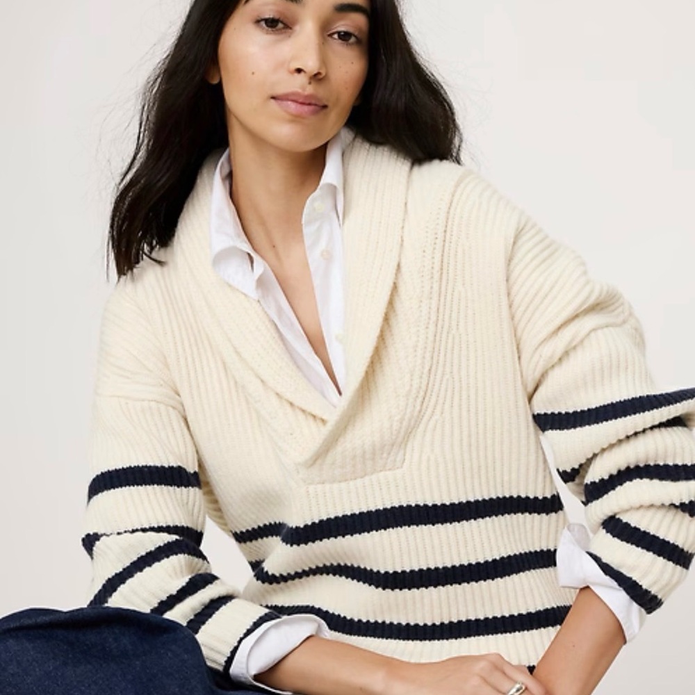 Banana Republic Cream and Navy Striped Cowl Neck Sweater